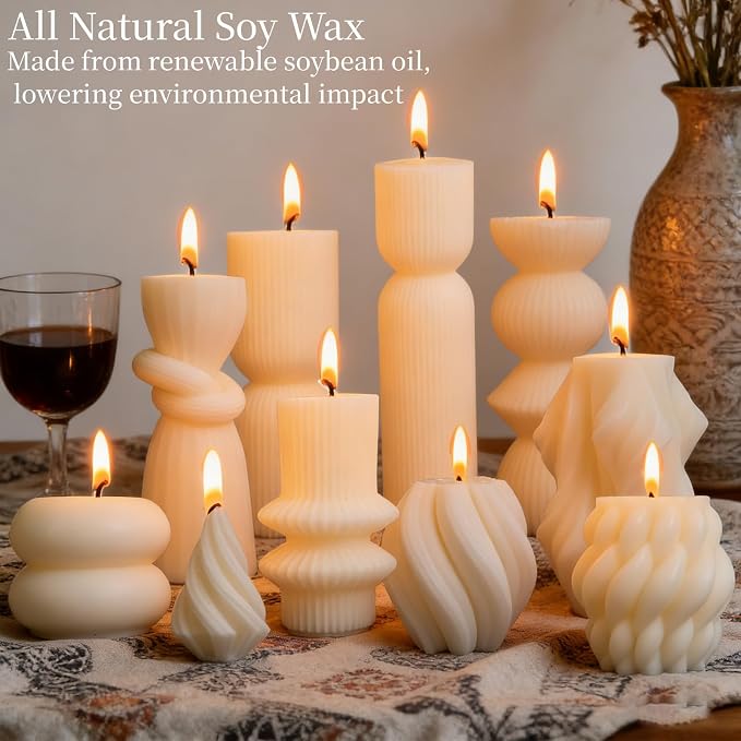 10 Pcs Pillar Candles White Aesthetic Modern Candles Set Soy Wax Handmade Ribbed Decor for Housewarming Gift, Home Decor, Table Decor, Shelf