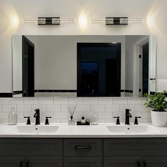Battery Operated Wall Sconces Set of Two - Wireless Black Sconces with Remote 12000mAh Rechargeable Modern Crystal Wall Lights Cordless Wall Lamps for Bedroom Living Room Bathroom