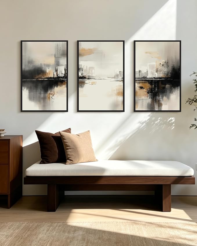 PHOPAGO Black Gray Abstract Landscape Framed Wall Art Large 16x24in Brown Tan Neutral Wall Decor Minimalist Modern Illustrations Prints Bedroom Home Decor - Black Framed