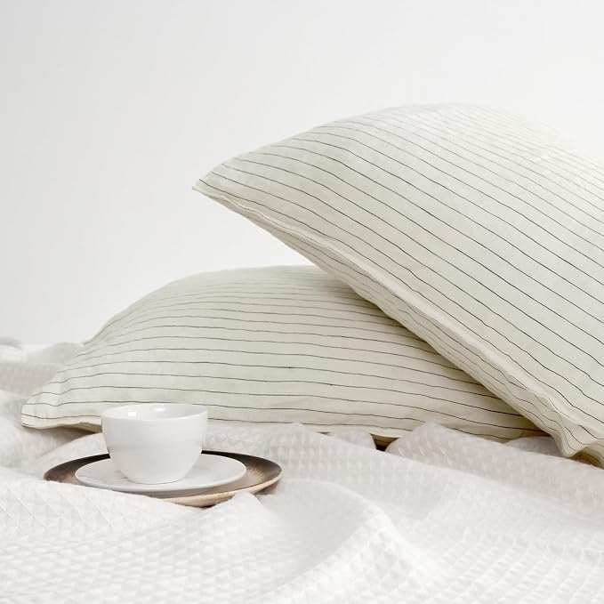 Striped Linen Pillow Cases Set of 2,20"x30" Standard/Queen Size,100% French Natural Flax Soft Linen Pillowcases,Olive Green Pinstripe