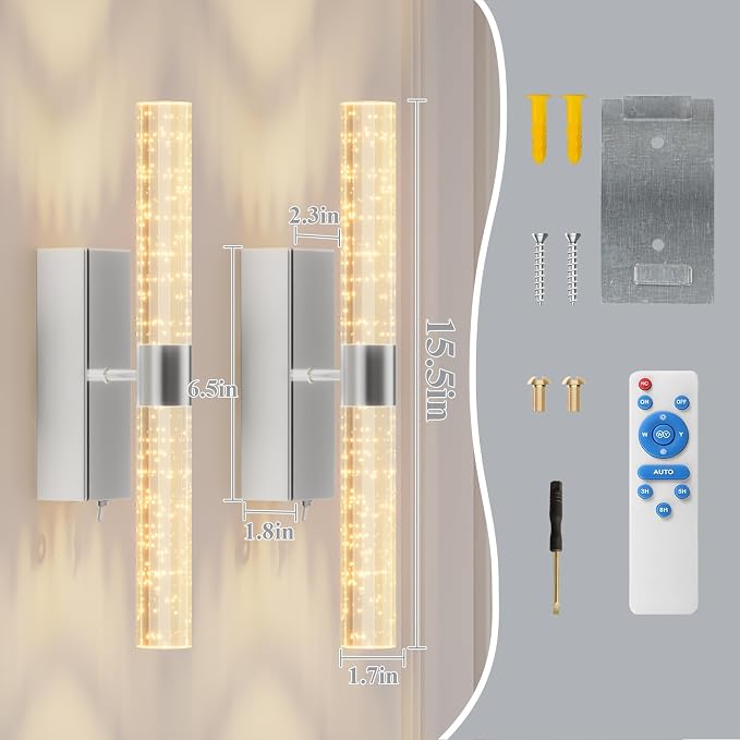 camuucci Battery Operated Wall Sconces Set of 2 Rechargeable Battery Powered Wall Light with 12000mAh Not Hardwired Dimmable Wall Lamp Fixtures for Bedroom Living Room Silver 15.3 Inches
