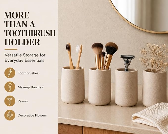 Clasin Home 3 Pcs Bathroom Accessories Set, Liquid Soap Dispenser with Large Pump, Toothbrush Holder Cup and Soap Dish, Sandstone Texture Bathroom Counter Set for Modern Home (Beige)