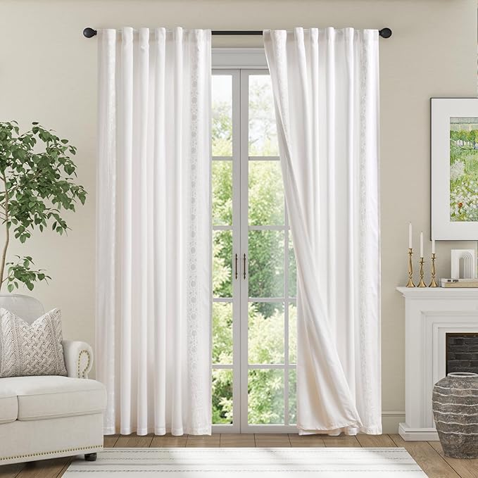 jinchan Weslie White Linen Curtains for Bedroom Vintage Floral Farmhouse Curtains 90 Inches Long Boho Lined Linen Drapes for Living Room Embroidered Drapes Off White 2 Panels