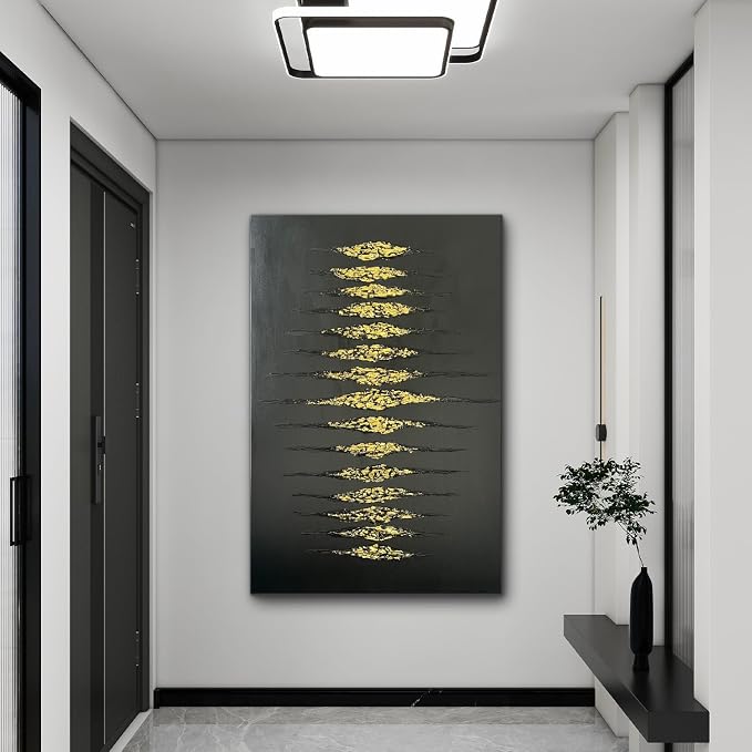 Creespi Hand-Painted Abstract Black and Gold Textured Wall Art 30x45 inch,Large Minimalist 3D Thick Texture Oil Painting on Canvas for Home Wall Decoration