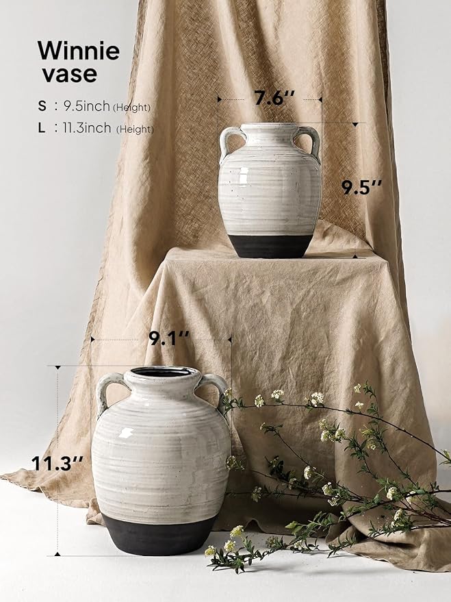 Large White Ceramic Vase - 11.3 Inch Rustic Farmhouse Vase with Handles for Home Decor, Vintage Tall Vases for Living Room, Table, Bathroom, Holiday & Weddings (Aurora White)