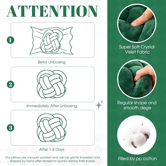 Beeveer 2 Pcs Knot Pillow Balls Set, 12 Inch Soft Decorative Throw Knot Pillow Ball, Large Square Knotted Floor Cushion for Living Room Bedroom Sofa Couch Bed Home Decoration(Dark Green)
