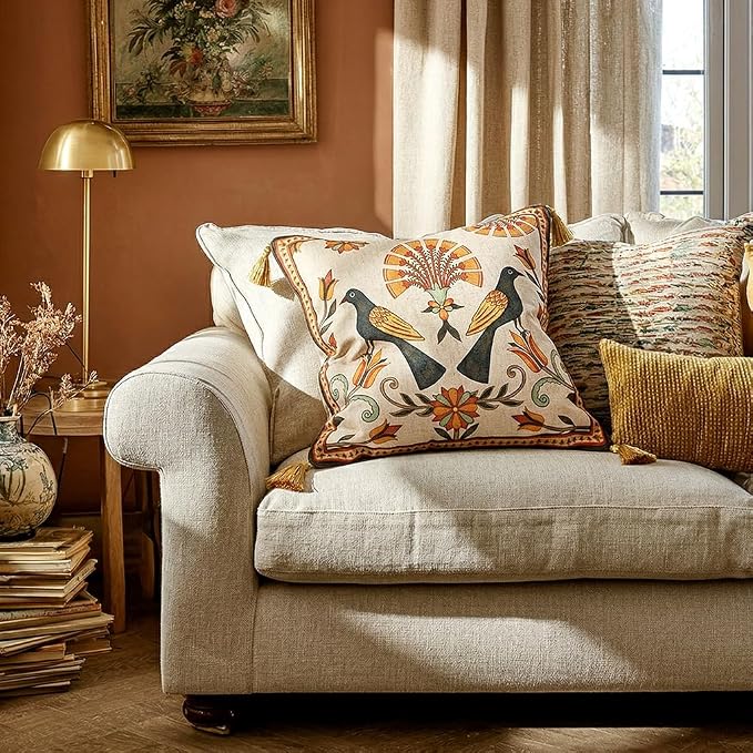 bilin gaier Designer Square Linen Throw Pillow Cover,18"x18"-Seville C | Vintage Elegant Pillow Cover,Concealed Zipper,Floral and Bird Pattern,Sofas,Bedroom,Living Room,Lounge Chairs