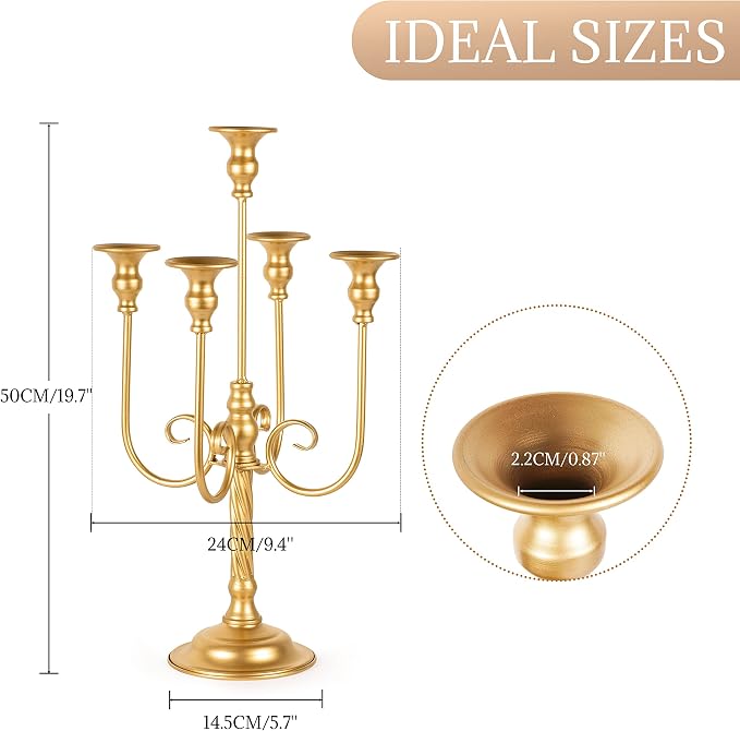 19.7in Gold Candelabra Centerpieces for Tables, 2Pcs Metal Tall Candle Holder for Taper Candles, 5 Arm Candlestick Holder for Wedding Centerpiece Decor Party Event Reception Decoration