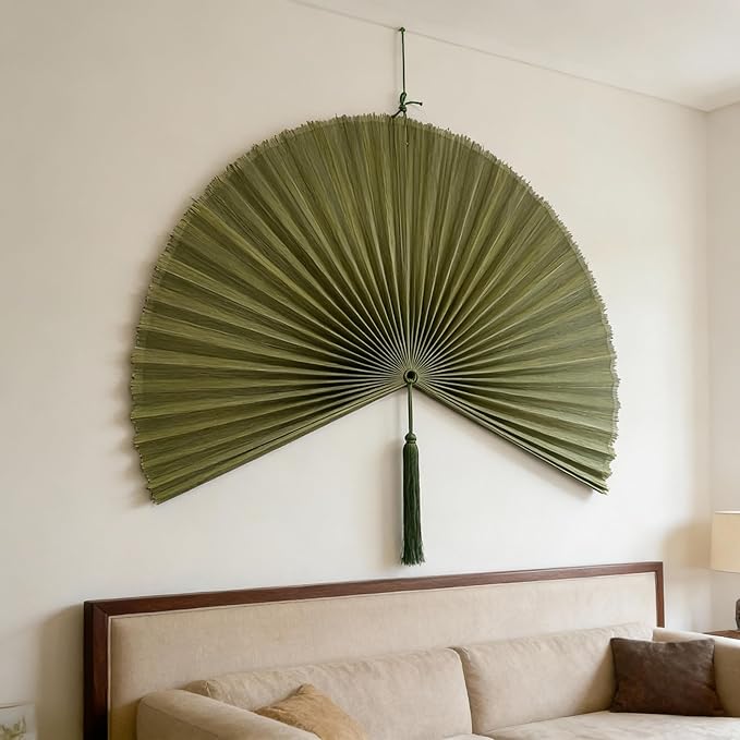 ChumDecor Fan Wall Decor, Japanese Giant Fan, Large Bamboo Fan Wall Art For Boho Hanging Headboard, Decorative Folding Fans For Over Bed, Asia Trending (Army Green 40inch)