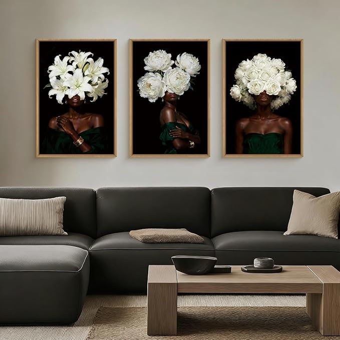HPINUB Black Woman Framed Canvas Prints Wall Art Set, Abstract White Hydrangea Wall Decor, Vintage African American Girl Art Photos for Living Room, Bedroom, Dining Room, Office, Bathroom-24 x36 x3
