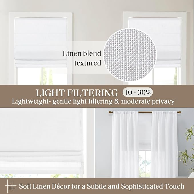 Madison Park Kyler Cordless Roman Shades - Single Panel, Lightweight Linen Blend Fabric, Natural Design, Easy Installation, Light Filtering Window Blind, Bedroom, Living Room Decor 29"W x 64"H White