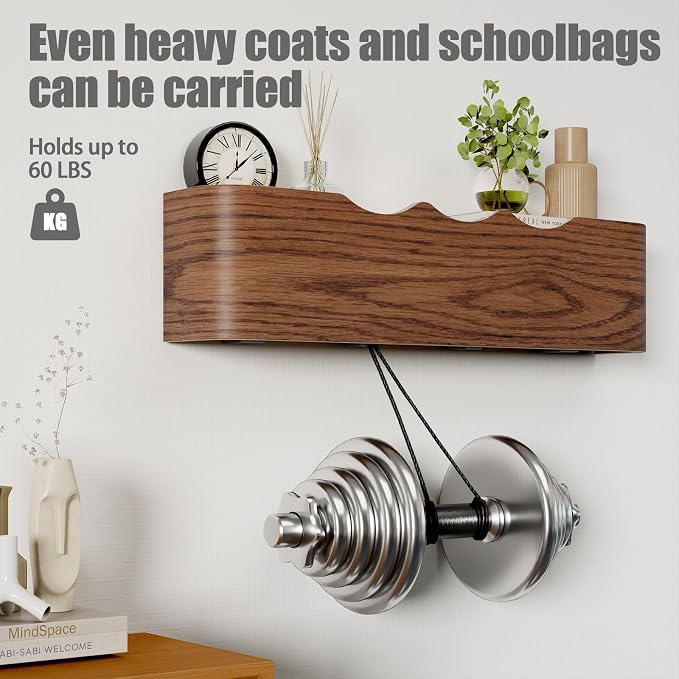 Coat Rack Wall Mount with Shelf 4 Hidden Hooks Modern Wooden Key Holder Entryway Organizer for Hallway Bedroom Bathroom Home Decor Storage for Hanging Coats Hats Bags Towels, Wave-Shape Walnut