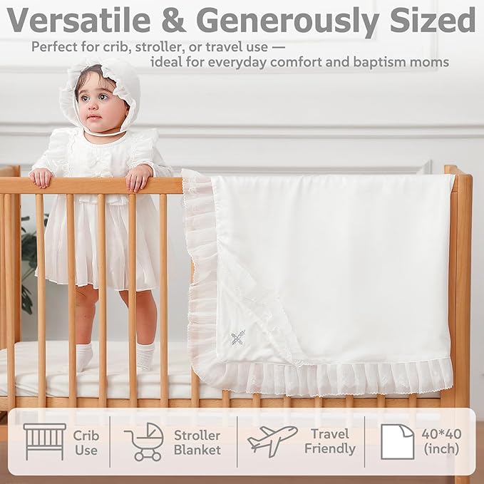 Tencel Baby Baptism Blanket with Hood-Silky Soft Christening Blanket for Boys & Girls, Breathable Tencel Fabric, 39.4×39.4 in, Elegant Gift Box, Perfect for Photography &Gift