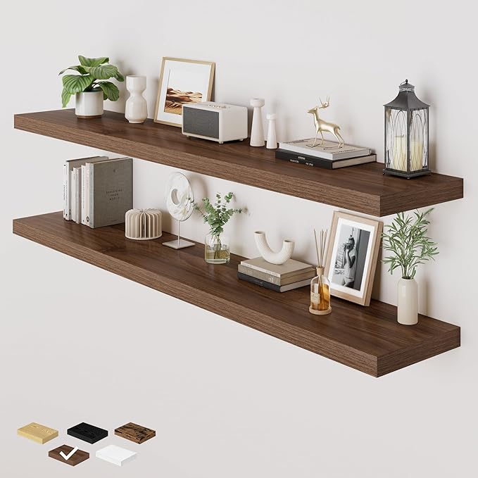 RICHFOCUS 72 Inch 12" D Floating Shelves for Wall 2 Pack Long Wall Shelves for Room Wall|Large Wood Hanging Shelf with Invisible Brackets for Bathroom Bedroom Kitchen Laundry Room, Walnut