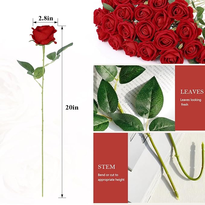 Rowfad 120 Pcs Artificial Roses Bulk Velvet Silk White Roses White Roses for Wedding Centerpieces Bridal Bouquet Mohter's Day Valentine's Day Home Decor (120, Red)