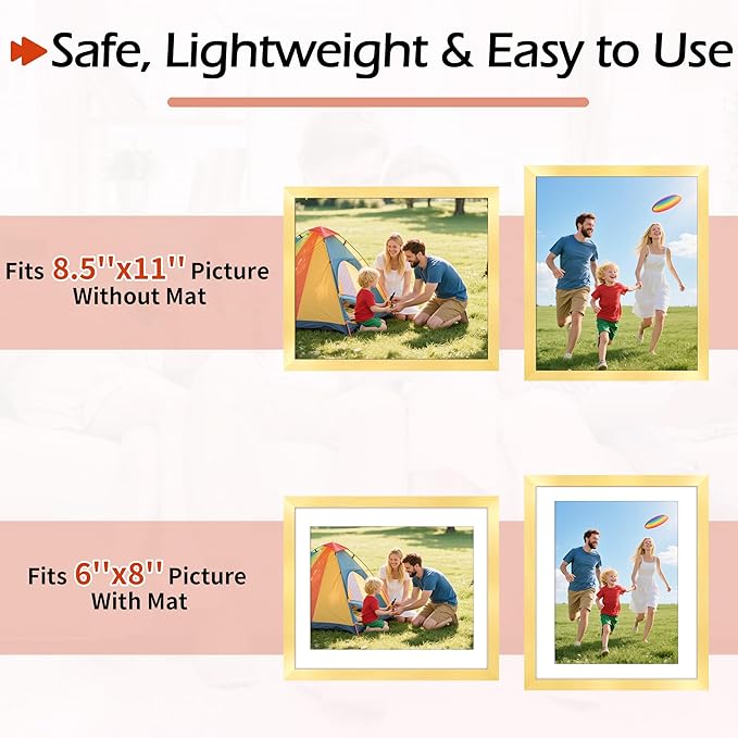8.5x11 Picture Frame Set of 8, Gold Photo Frames for Gallery Wall Mounting, Display Pictures 6x8 with Mat or 8.5 by 11 Without, Certificate Frame with Plexiglass for Home Office Wall Decor