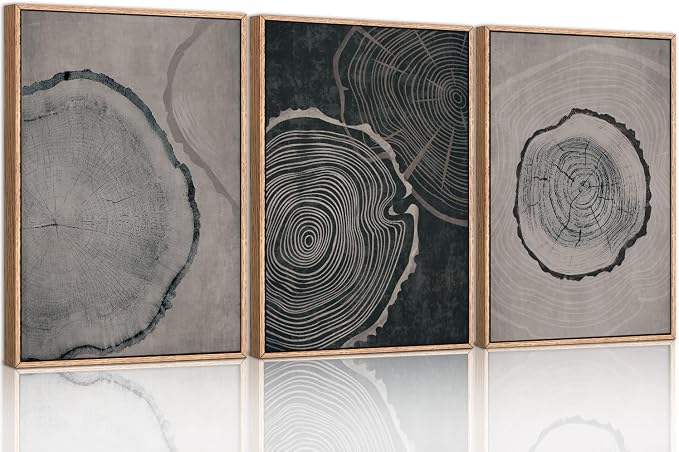 Ausril Large Neutral Tree Ring Framed Canvas Wall Art Set, Modern Beige Wood Stump Wall Decor, Nature Tree Spiral Prints,Minimalist Black Gray Artwork for Living Room, Bedroom, Office - 24"x36"x3