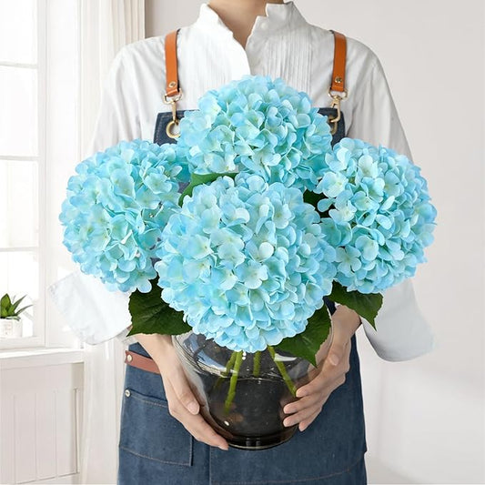 JINWOE Lake Blue Faux Hydrangea Flowers, 4Pcs 22" Large Lifelike Silk Artificial Hydrangeas, Full Fake Flowers for Bouquet Table Centerpieces Outdoor Wedding Indoor Home