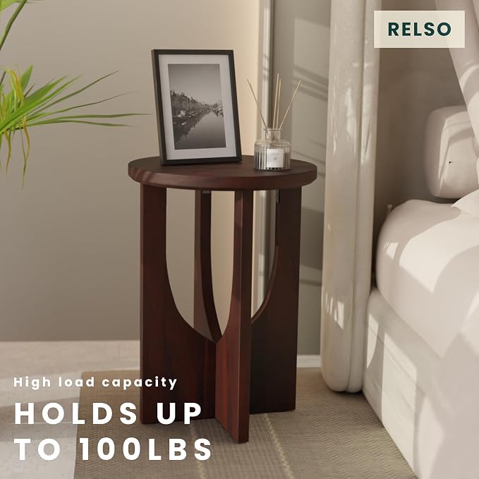 Relso Stupa Solid Wood End Table – 22" Tall Round Side Table for Living Room or Bedroom, Handcrafted Accent Table in Walnut Finish, Easy Assembly, Modern Minimalist Design for Small Spaces