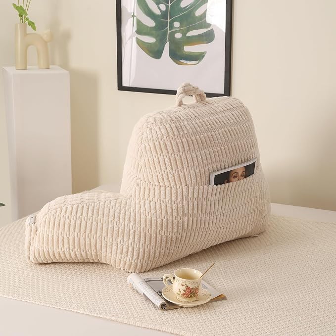 Reading Pillow for Sitting in Bed with Arm,White Corduroy, M | Sitting Pillow for Teens Back Support,17" Backrest Pillow Supports Reading,Gaming & Relaxing in Bed,Couch,Floor