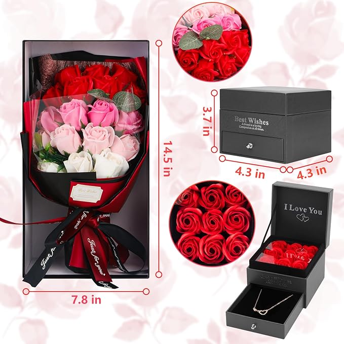 Rose Bouquet Rosas Eternas Preserved Rose Bouquet 18 Flower Bouquet with Beautiful Love Necklace, Unique Gift for Birthday, Valentine's Day, Mother's Day, Thanksgiving, Christmas, Anniversary