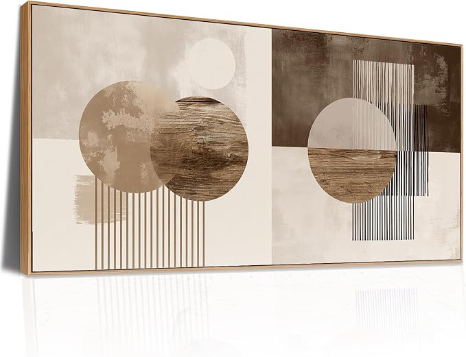 Sorbrozo Modern Abstract Geometric Wall Art with Wood Colored Frame Boho Sun and Moon Canvas Painting Neutral Earth Tone Pictures for Bedroom Hallway 20x40 inch