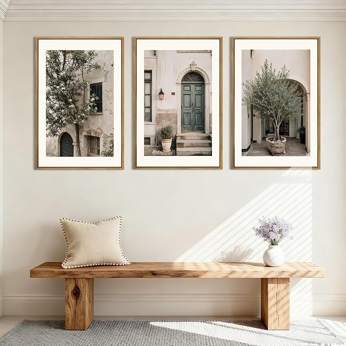 HPNIUB Large Vintage Italy City Landscape Framed Canvas Wall Art Set, Olive Green Tree Country Wall Decor, Modern Minimalist Countryside Villages Picture for Living Room,Bedroom,Office-16 x24 x3
