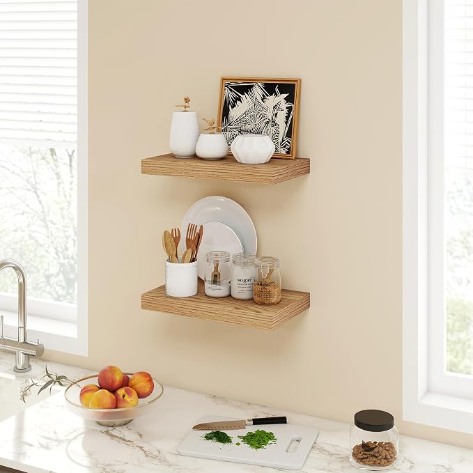 Acovy 16 Inch Floating Shelves, 9.3" Deep Floating Shelf Wall Mounted, 16" Wall Shelves, Rustic Deep Bookshelf, Large Display Shelves & Storage Shelves for Bedroom, Living Room, Light Brown, Set of 2