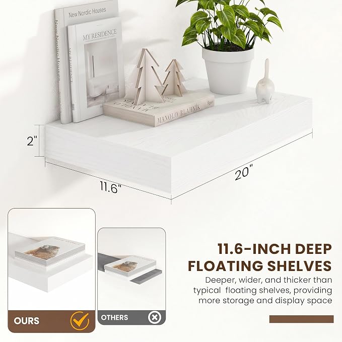 FLYJOE 20 Inch Floating Shelves, 12 Inch Deep Floating Shelves Set of 2, 20''W x 12''D White Wood Shelves for Wall, Bathroom Available, Engineered Wood, Mounting Hardware Included