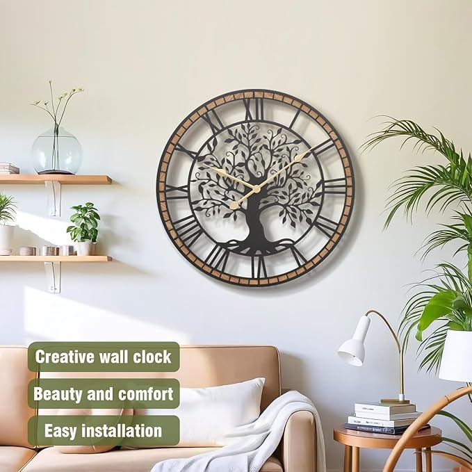 Micasso Rustic Oversize Wall Clock: 35Inch Farmhouse Tree of Life Metal with Wood Frame - Vintage Battery Operated Wall Clocks for Bedroom/Fireplace/High-Ceiling - Home Decor for Interior Designers