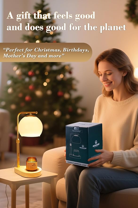 White Glass Candle Warmer Lamp Adjustable Height with Timer 2 4 8H | Warm Gold Hardware | Natural Wood Base | Dimmer Wax Melt Warmer Includes Candle and Bulbs