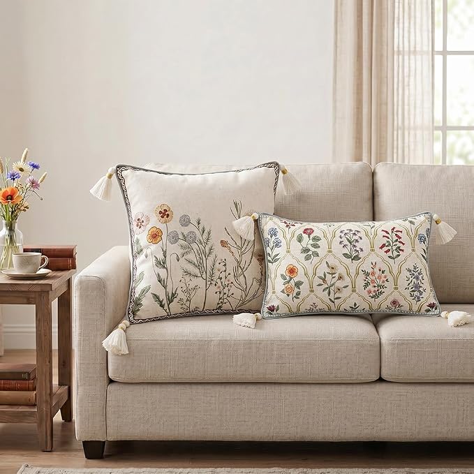ISAENNE Designer Linen Throw Pillow Cover,Set of 2,20"x12"-Serenity B | French Elegant Rectangle Decor Pillow Cover,Concealed Zipper Design,Colorful Floral Pattern,Sofa,Bedroom,Living Room,Chair
