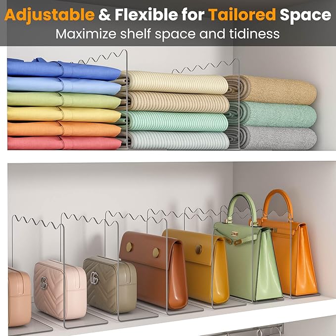OKPOW Shelf Dividers Purse Organizer for Closet, 10" Tall X 12" Deep, Acrylic Clear, Sturdy Separators for Purse Clothes, Easy Install, Adjustable, Maximize Bedroom Space for Home Organizer, 12 Pack