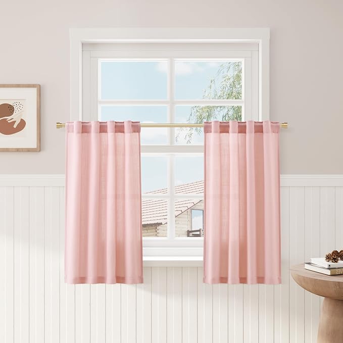 Pink Kitchen Cafe Curtains 30 Inch Length Linen Blend Privacy Light Filtering Short Rustic Curtain with Rod Pocket Back Tab Pleated Design for Over Sink Girl Bathroom Laundry Room 2 Panels 26Wx30L