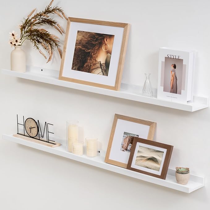 Acovy Solid Ash Wood Picture Ledge Shelf, 36 Inch, White, Set of 2 | Floating Shelves with Lip, Photo Ledge, Wall Mounted, For Nursery Bookshelf Living Room Bedroom