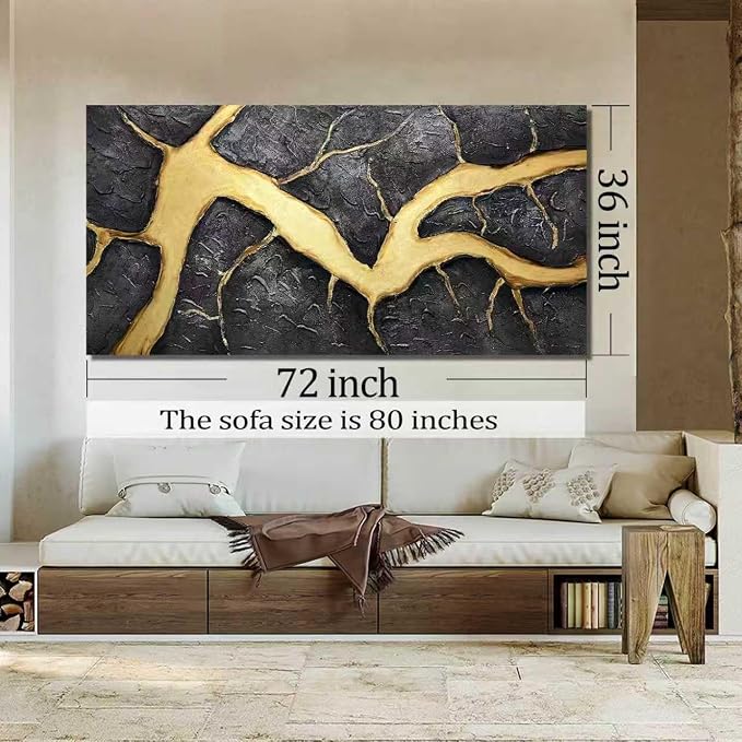 DNIEOTU Hand Painted Abstract Wall Art for Living Room, Black and Gold Canvas Wall-Decor for Bedroom, 3D Textured Paintings for Hallway Office, Large Size 72 x 36 Inches