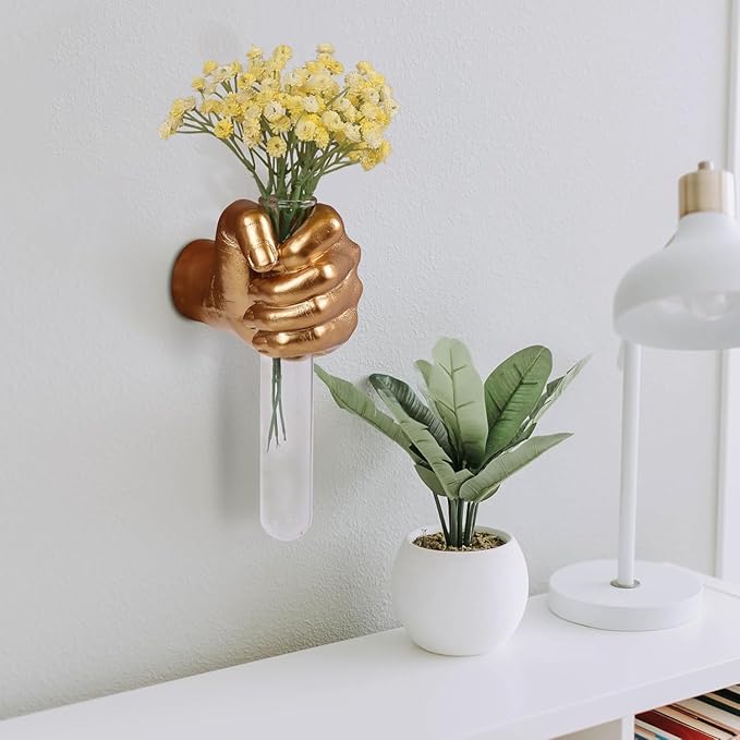 Gold Wall Sculptures, Hand Vases Home Decor, Wall Mount Art Sculpture, Unique Wall Art Statue, Funky Flower Vase Decorations, Modern Eclectic Hanging Decor,Glass Test Tube Vase