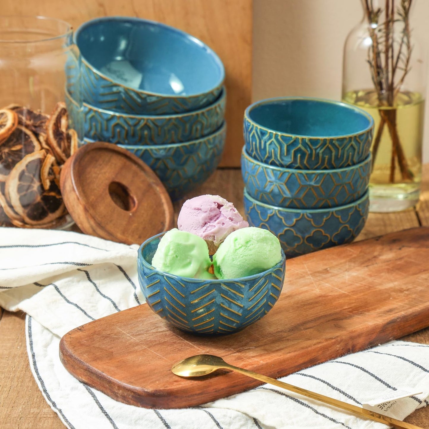 Sureasy Ceramic Ice Cream Bowls Set of 4-12 oz Blue Small Dessert Bowls for Kitchen, Perfect for Rice, Fruit, and Sauce, Microwave & Dishwasher Safe