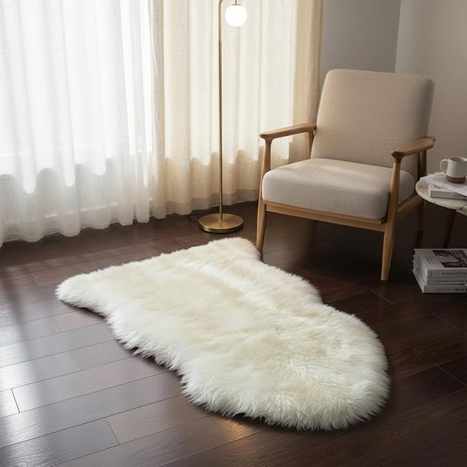 Genuine Sheepskin Rug New Zealand Fluffy Lambskin Rug, Natural Luxury Sheepskin Throw for Bedroom Living Room Children's Room - Premium Area Rug Chair Cover (2×3 Feet, Cream White)