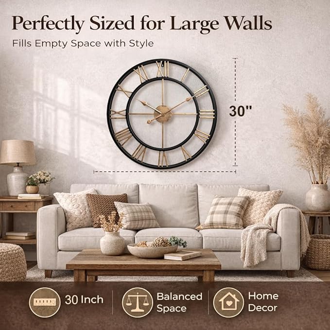 Pytha Sight 30 Inch Large Wall Clocks for Living Room, Farmhouse Roman Numeral Metal Wall Clock, Silent Non-Ticking Oversized Decorative Wall Clock for Fireplace, Dining Room, Office Decor
