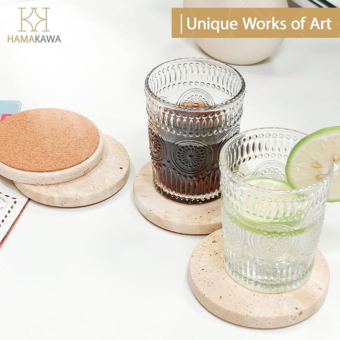 Turkish Natural Marble Coasters Set of 4, Round Travertine Coasters 4 inch, Beige Stone Drink Coaster for Home Decor, Coffee Table, Office