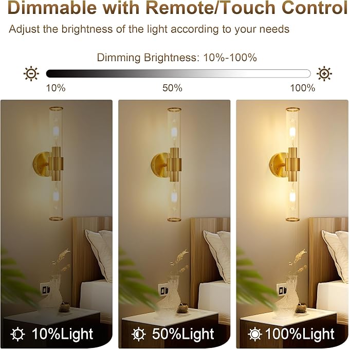 Morauroral Gold Battery Operated Wall Sconce, Rechargeable Wall Lights with Remote, 20 Inch Modern Wireless Wall Lamp for Bedroom, Living Room with White Shade (Bulbs Included)