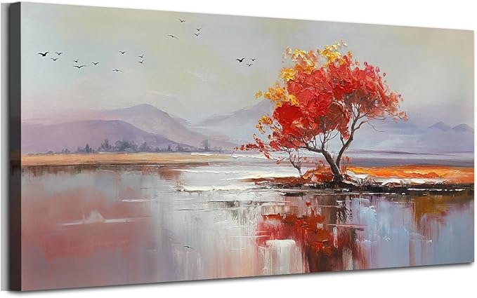 Arjun Landscape Canvas Wall Art Textured Extra Large 58"x29"- Red Tree & Lake Reflection Painting, Soft Toned Nature Prints Picture Framed Artwork for Living Room Bedroom Home Office Wall Decor