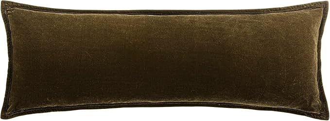 HiEnd Accents Stella Faux Silk Velvet Lumbar Pillow, 14x42 inch, Green Ochre, Romantic Western Modern Traditional Style Luxury Bedding, Decorative Throw Pillow