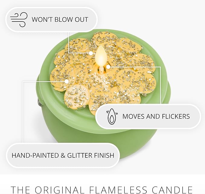 Luminara Lucky Green Pot of Gold Candle - Flickering Real-Flame Technology- Flameless LED- Remote Ready- Classic Green St. Patrick's Day- 4.8" x 4.3"