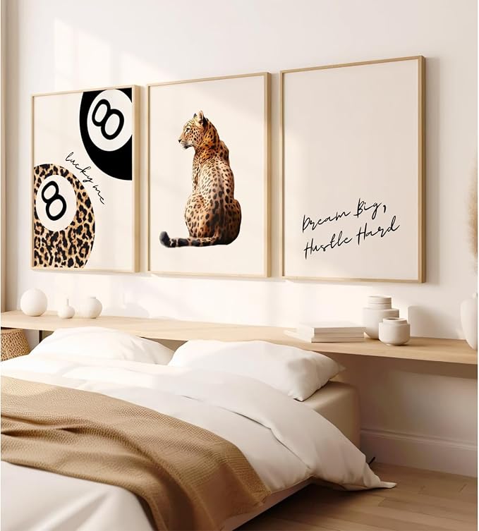 Leopard Wall Art Cheetah Canvas Prints Lucky 8 Ball Wall Decor Aesthetic Poster Fashion Leopard Pictures Trendy Lucky Me Painting Preppy Artwork for Living Room Bedroom 16x24 Inch Unframed Set of 3