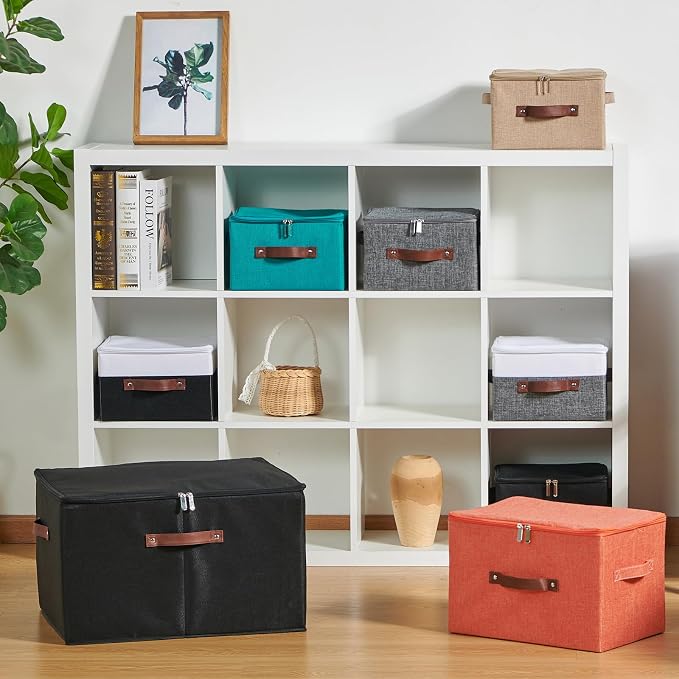 2 Pack Storage Bins with Zipper Lid Cotton Linen Fabric Lidded Storage Baskets Boxes Foldable Washable Closet Shelf Clothes Organizer Container with PU Leather Handles (Orange, Small)