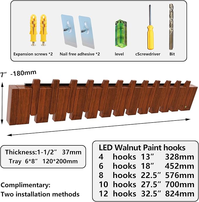 Wall Mounted Coat RackHooks Piano Key Hangers Natural Solid Wood Hanger Non-Woven Fabric Clothes Hangers for Closet, Kitchen, Bedroom, Bathroom, Entryway (Led Walnut, 8 Hooks)