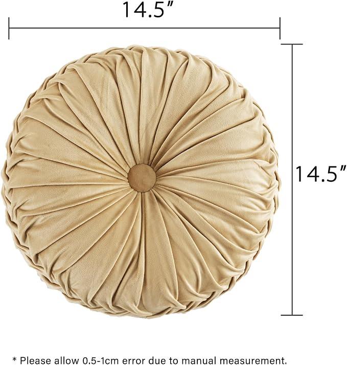 HIG Set of 2 Decorative Round Pleated Throw Pillows,Classy Accent Pumpkin Throw Pillows with Center Button,Vintage Velvet Floor Pillows for Sofa Vanity Chair Bed,Apricot,14.5" Diameter(Ripple)