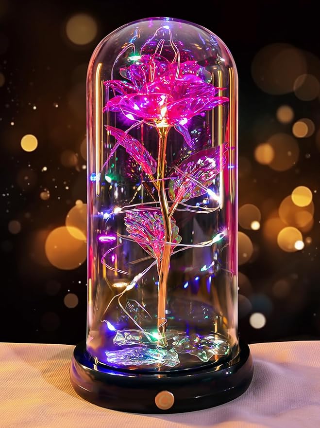 Mothers Day Flowers Gifts for Mom Women Birthday Gift, Rechargeable Galaxy Glass Rose in Glass Dome Forever Crystal Rose Flower Anniversary Mothers Day Roses Gifts for Daughter Wife Women Grandma Pink